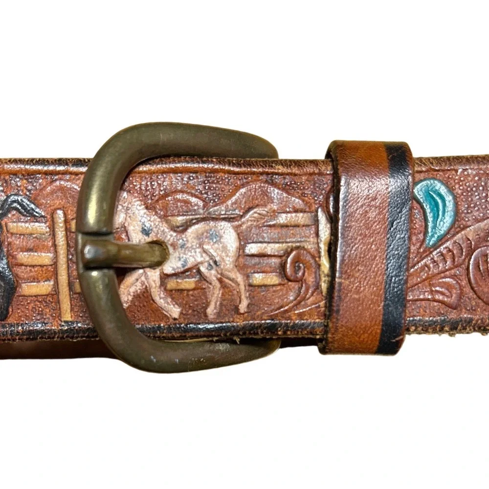 Kids Western Tooled Leather Belt Brown Painted Horse Design Size 5/6 Yrs 19